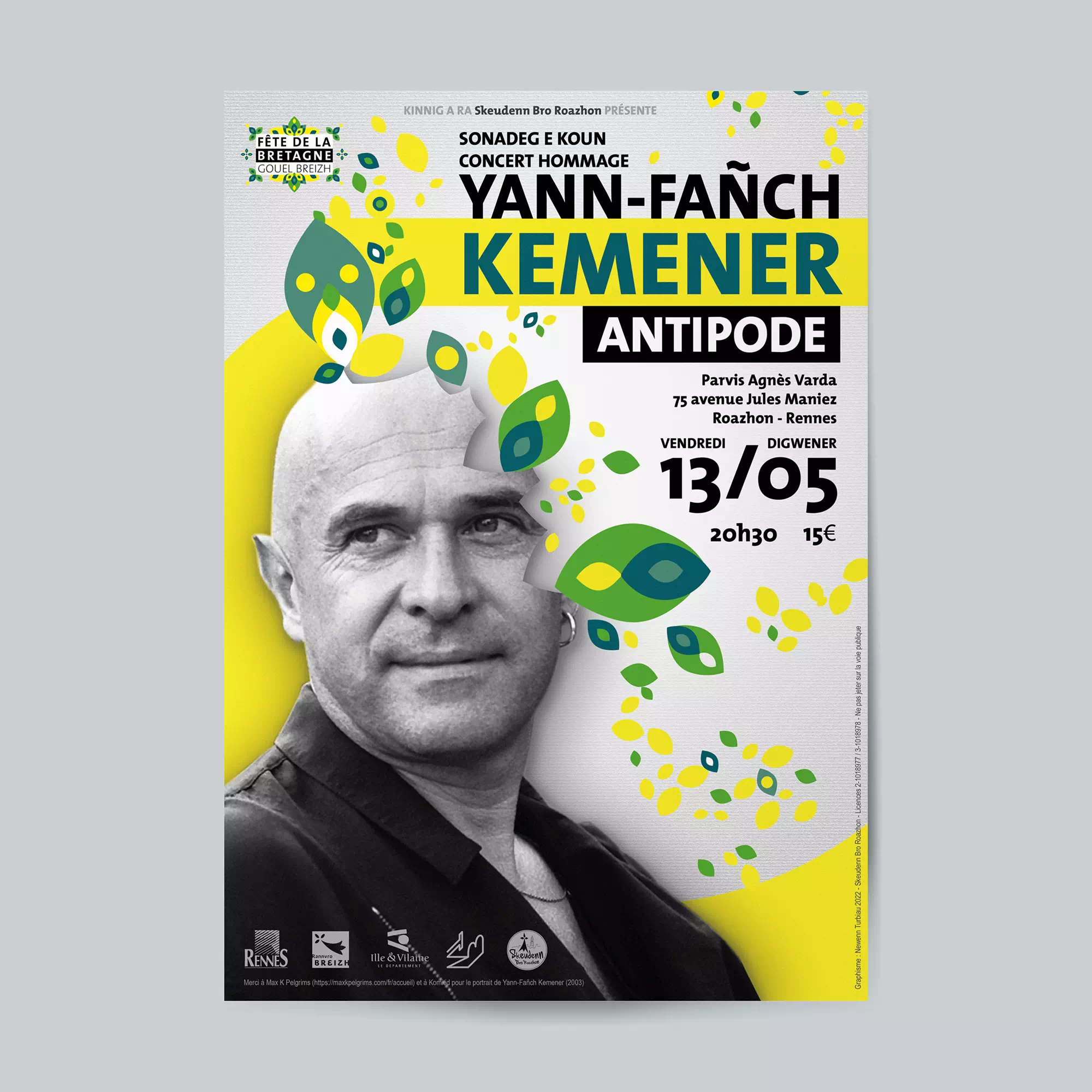 Affiche réalisée pour l'hommage à Yann-Fañch Kemener organisé par Skeudenn Bro Roazhon